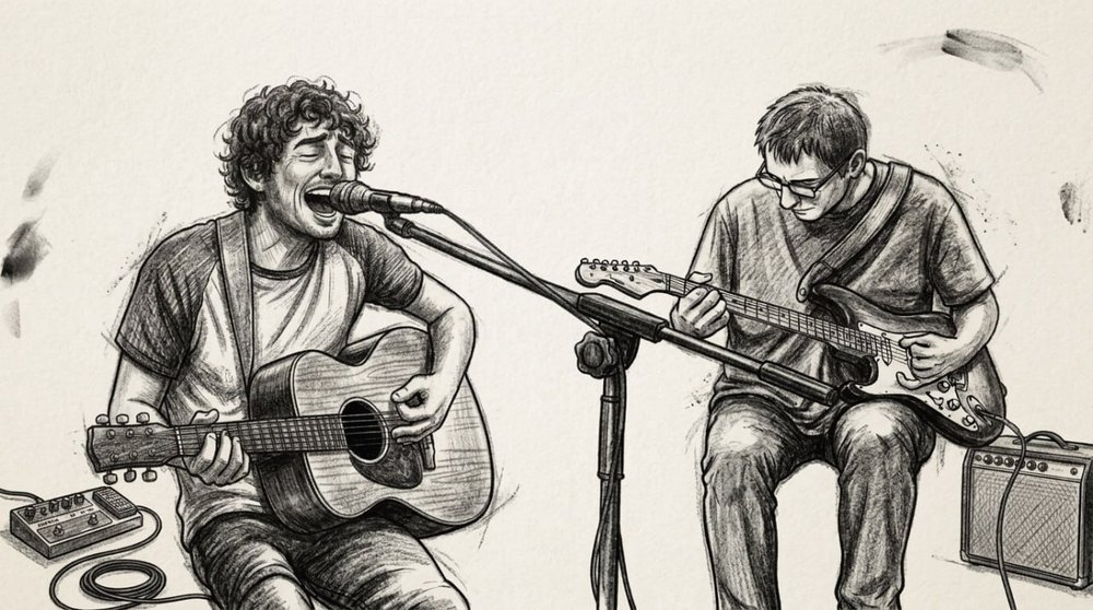 Zalo y el de Quijas tocando, dibujo a lápiz de los dos con sus guitarras